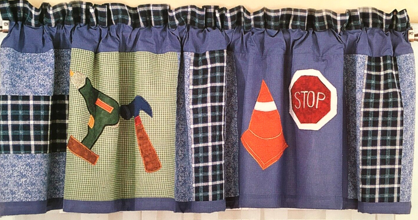 kids VALANCE ~ patchwork plaids, construction theme, cotton, lined NEW