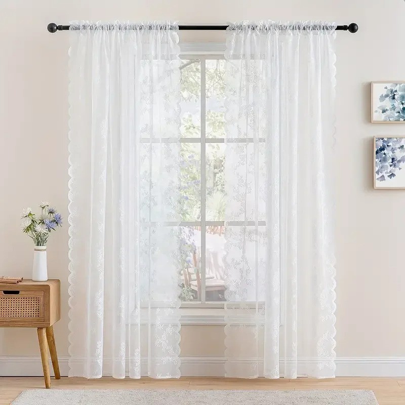 Vintage Floral Embroidery Lace Curtain Panel Privacy Light Filtering