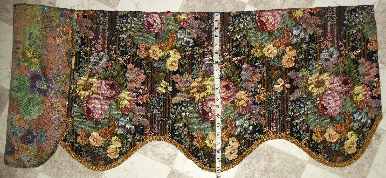 Tapestry fabric scalloped valances cabbage roses, lilies, floral and stripes