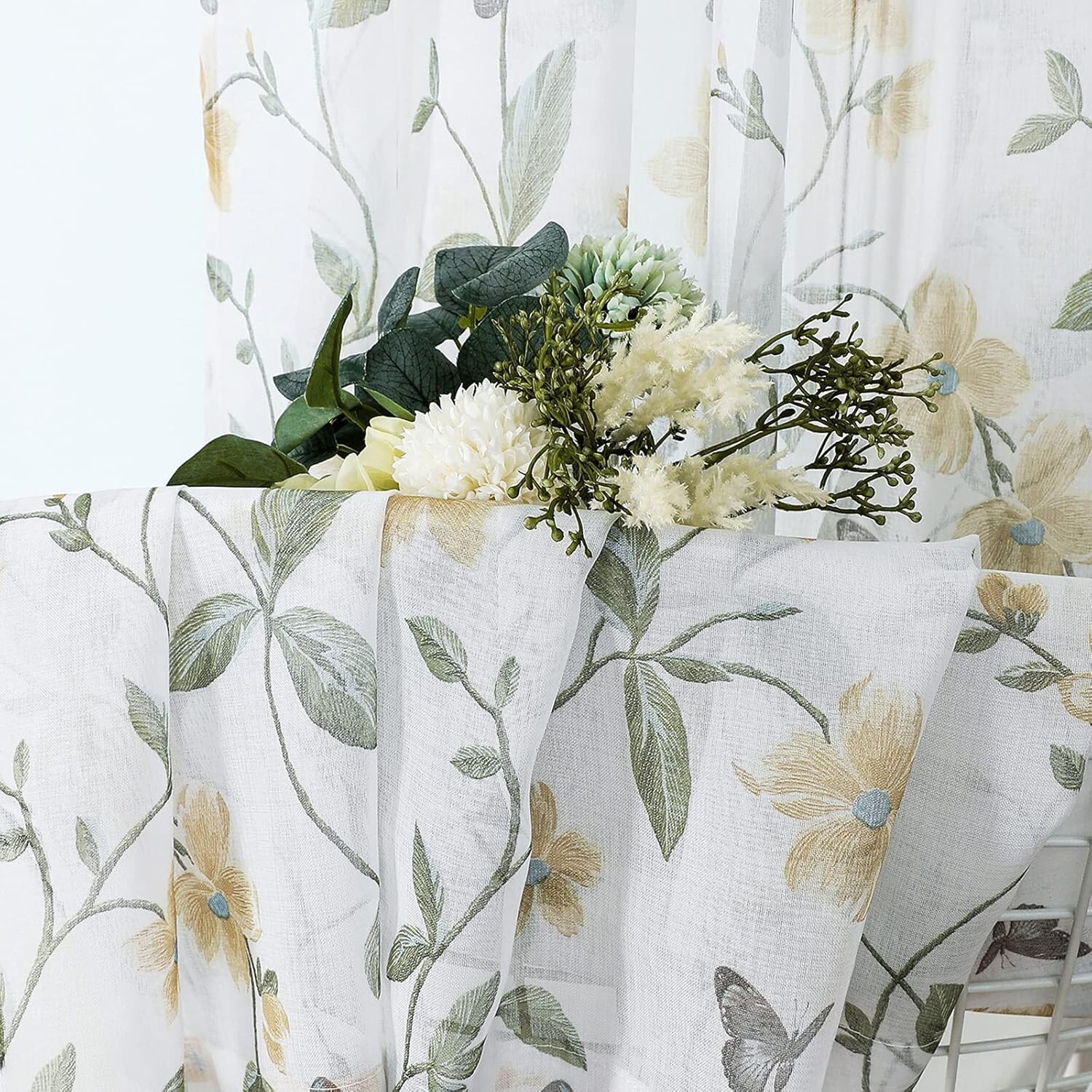 Sheer Floral Curtain Valance Yellow Flower Butterfly Printed Bedroom Curtain