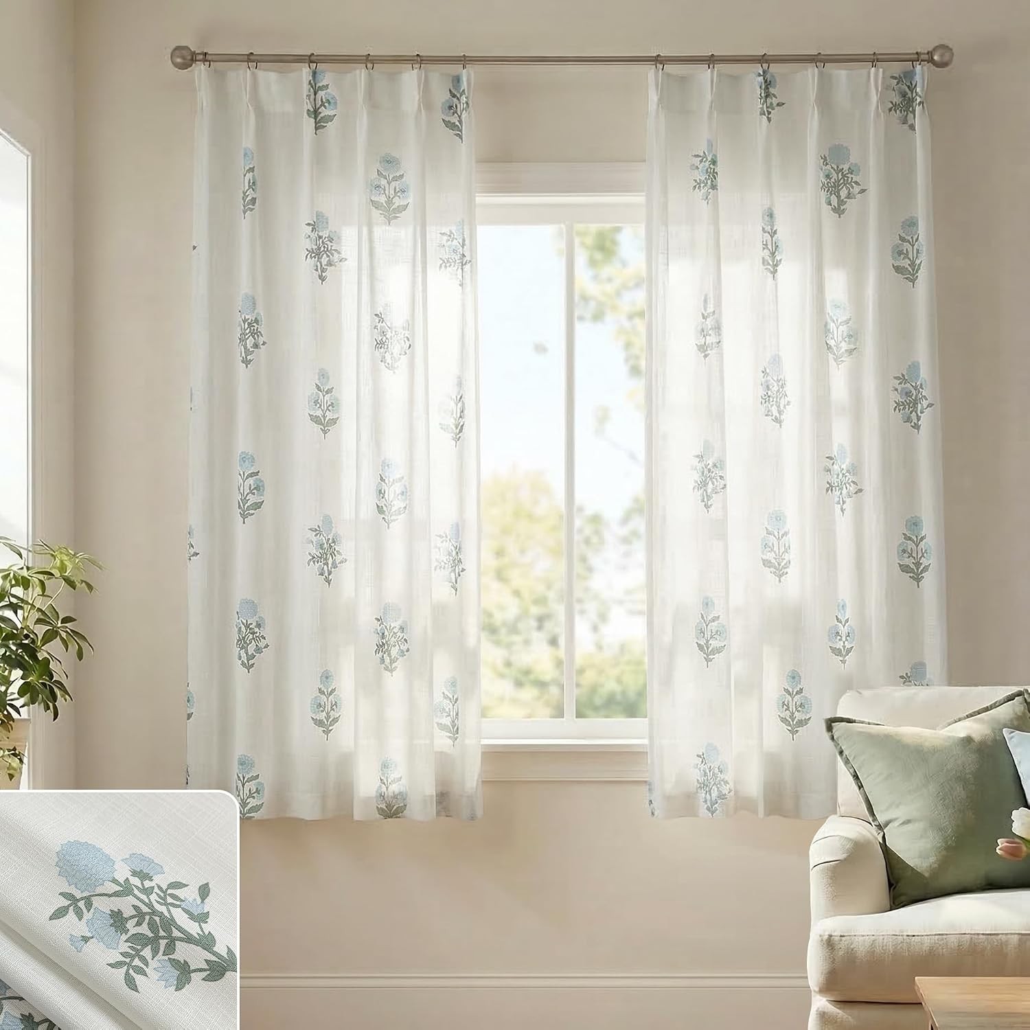 Pinch Pleated Floral Curtains 63 Inch – Vintage Beige White Pattern Set of 2