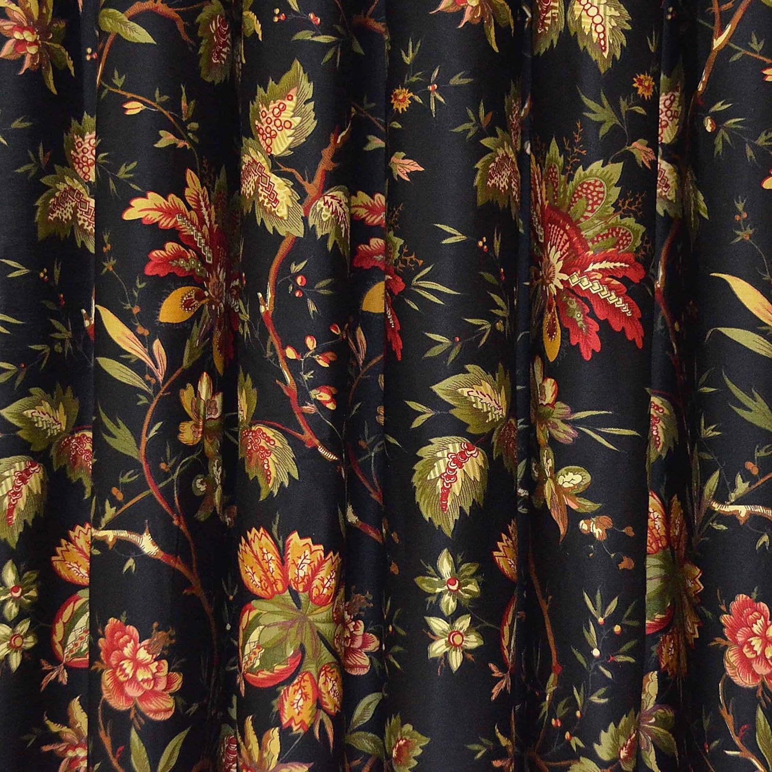 Waverly “Felicite Noir” Floral Jacobean Sateen Curtain 2 Panels Pair 84×48″ EXC!