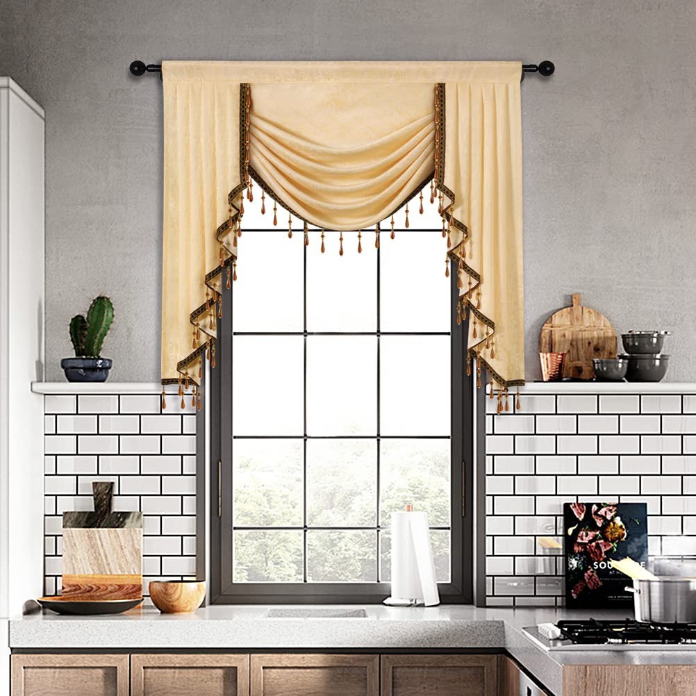 Elkca Jacquard Waterfall Valance Luxury Beads Beige Window Curtains Valance For