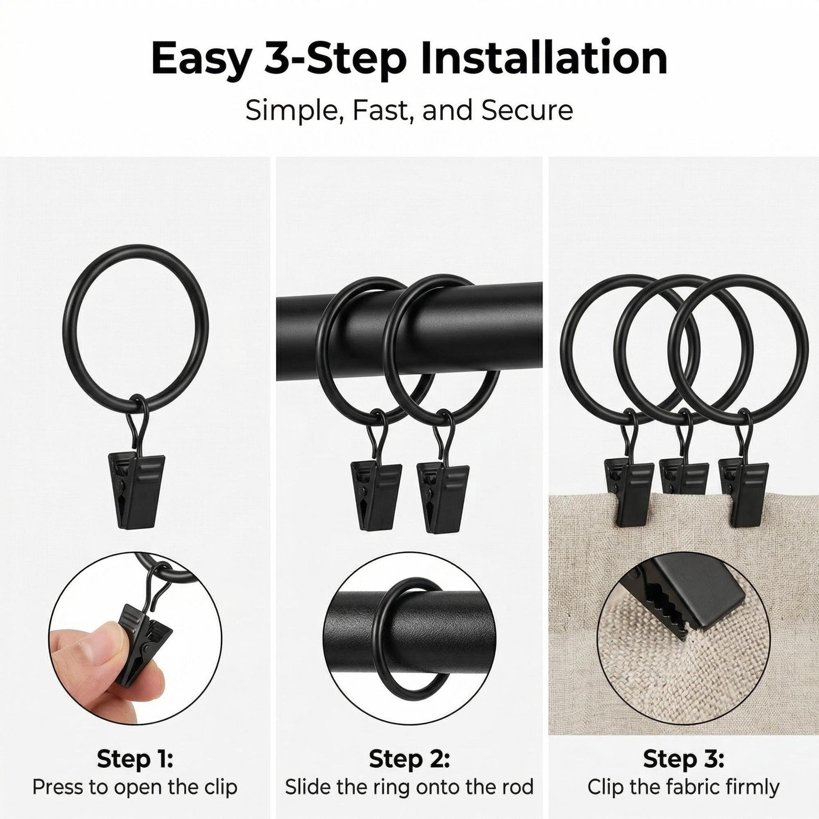 50Pcs Curtain Rings with Clips – Black Metal Drapery