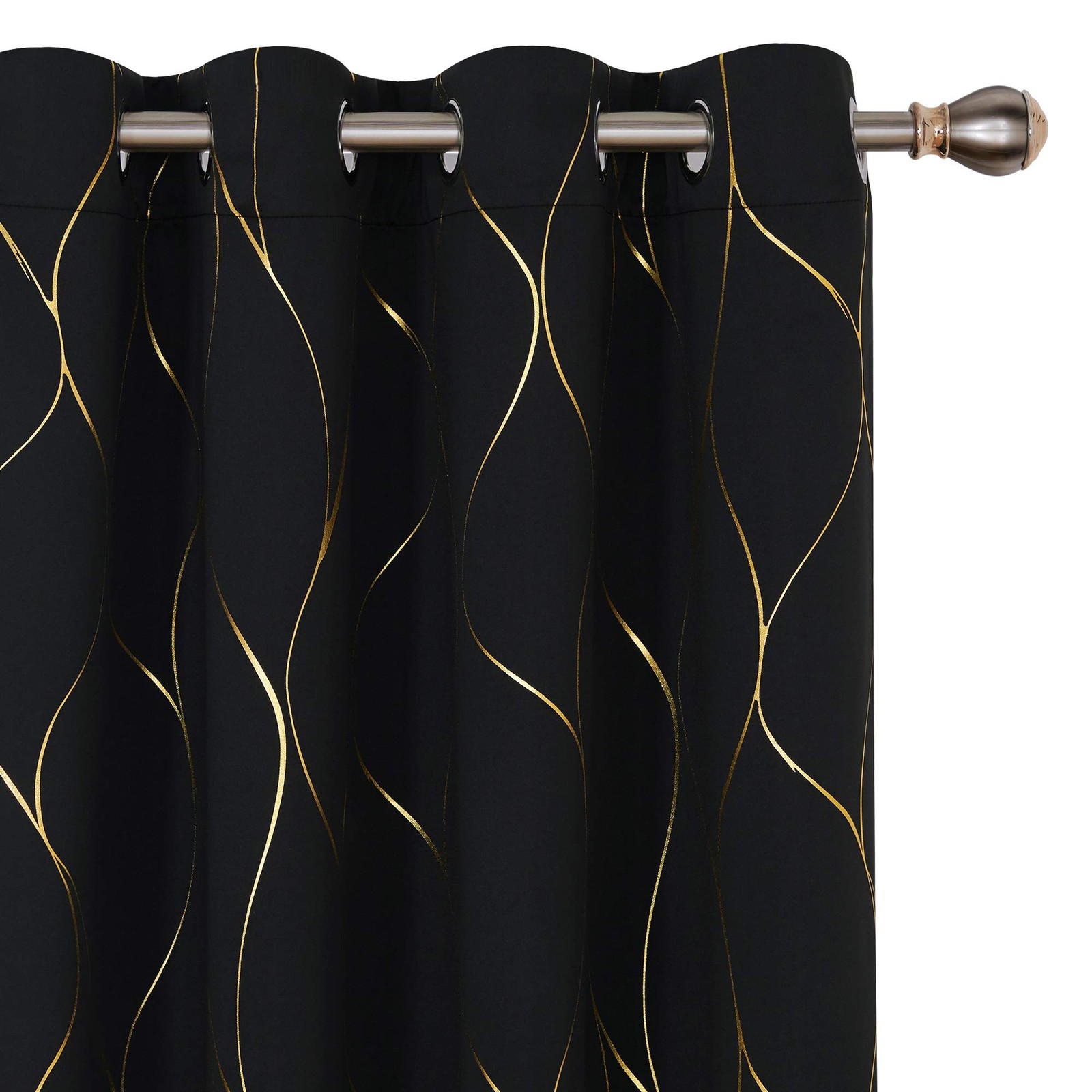 Gold Wave Print Blackout Curtains for Bedroom, Thermal Insulated Curtains for…