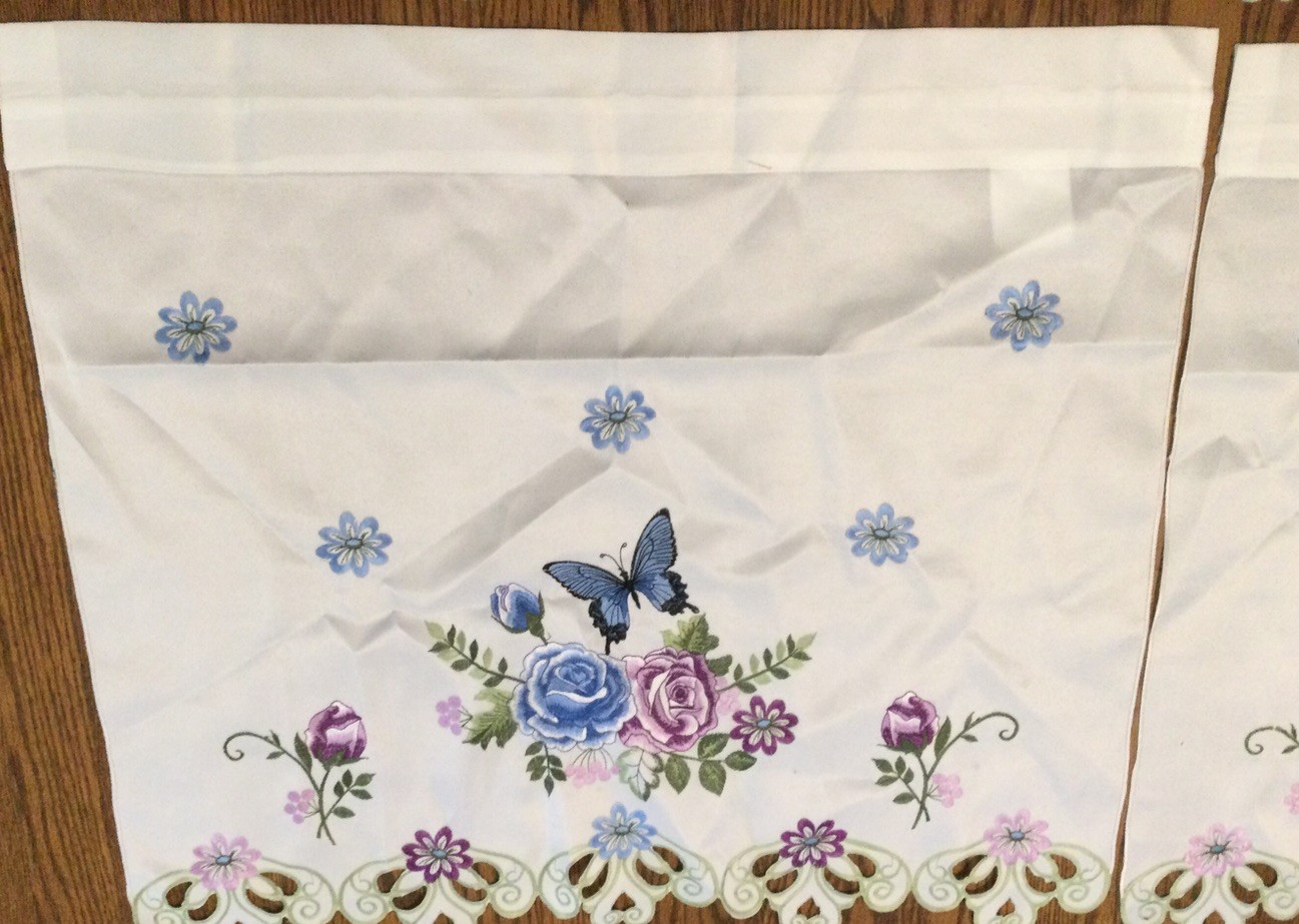 Embroidered White 2 Tiers Window Curtains Blue Roses Butterflies 24.5”x 28” NEW