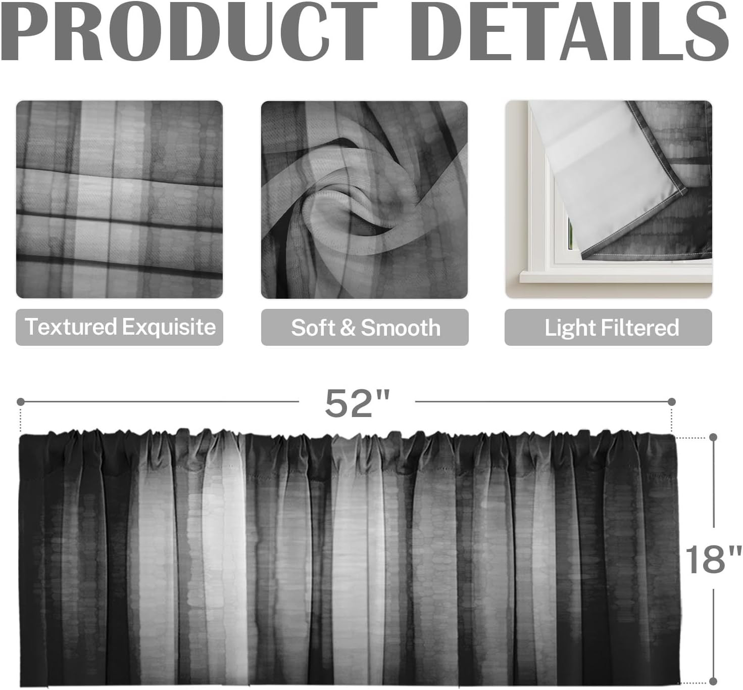 2 Pack Dark Grey Valances Window Treatments, Gray Striped Abstract Blackout Drap