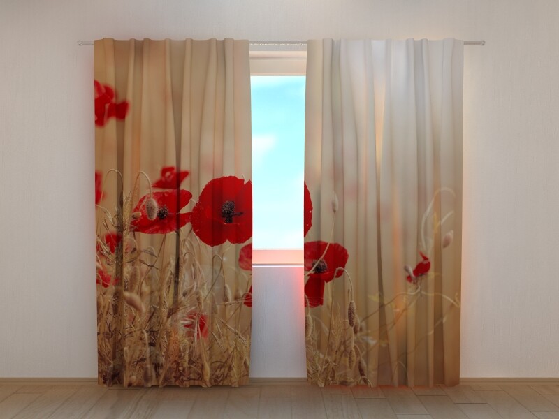 3D Photo Curtain Printed Red Poppies in Golden Wheat By Wellmira Made to Measure