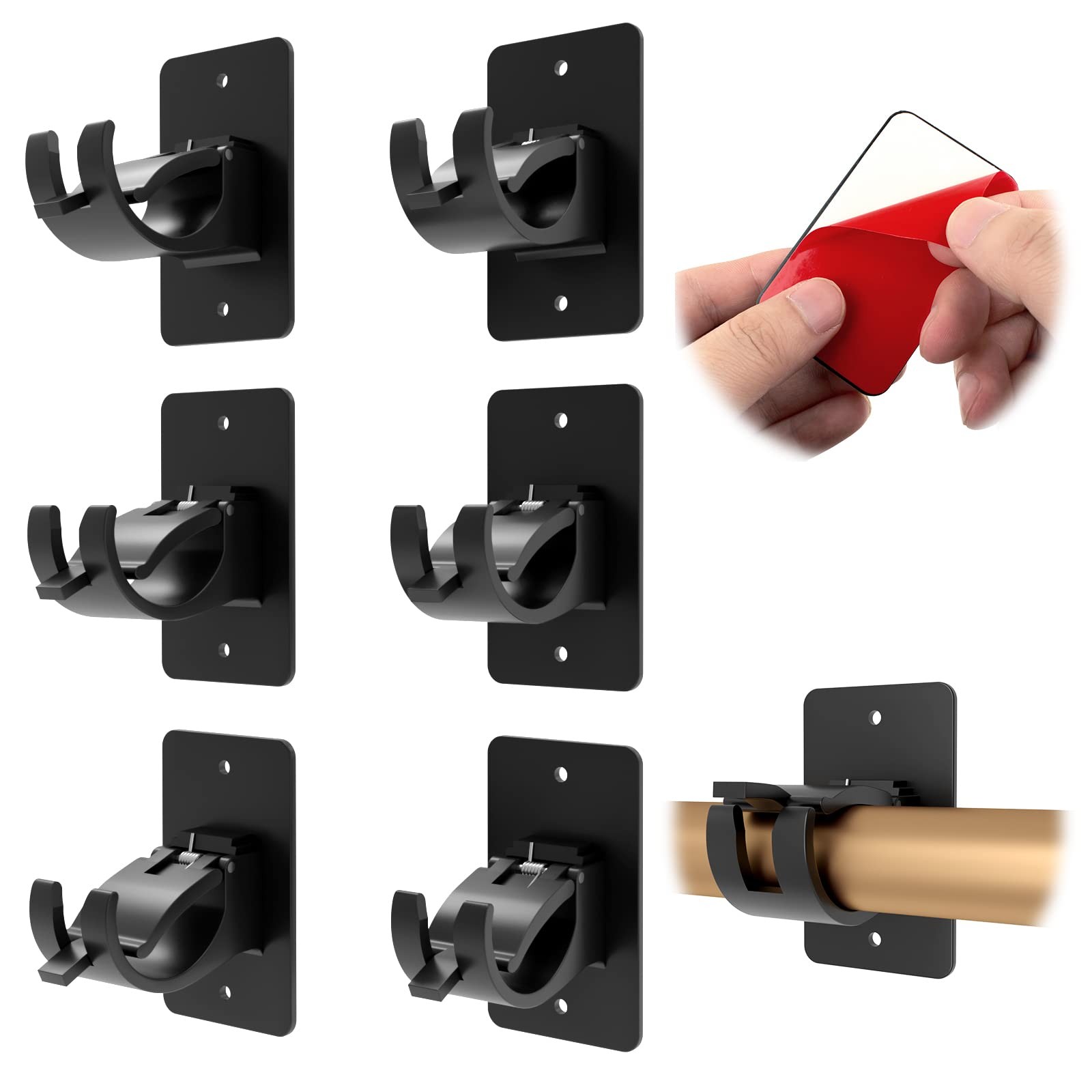 6-Pack Curtain Bracket Holders, Universal Self-Adhesive Wall Mounts, Fits 0.6…