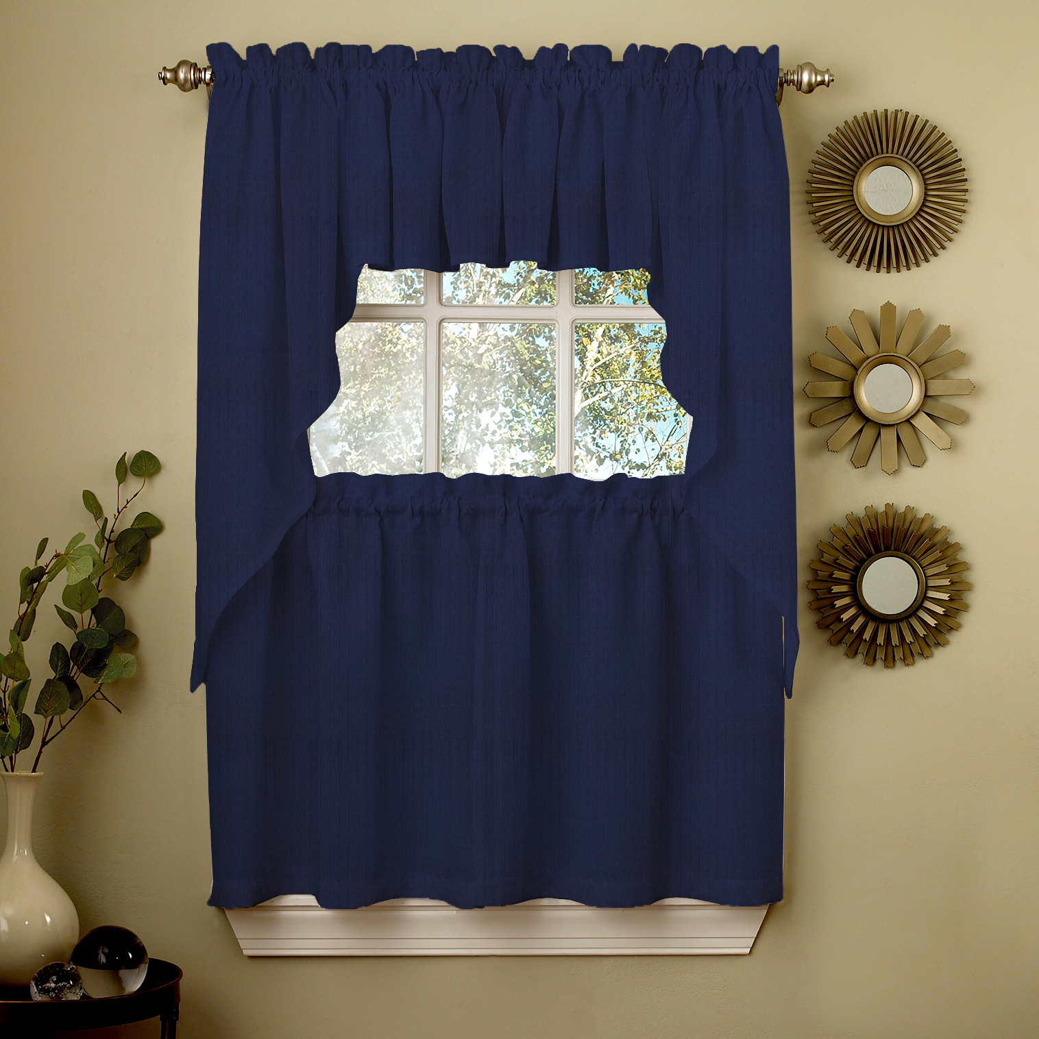Navy Solid Opaque Ribcord Kitchen Curtains – Choice of Tiers Valance or Swag
