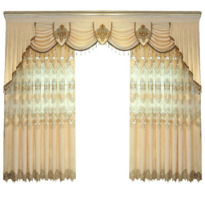 Custom Chenille embroidered beige cloth curtain tulle valance drape C1297