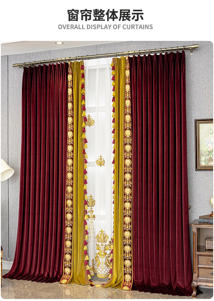 luxury costom Red gold window velvet cloth lace blackout curtain tulle M1845
