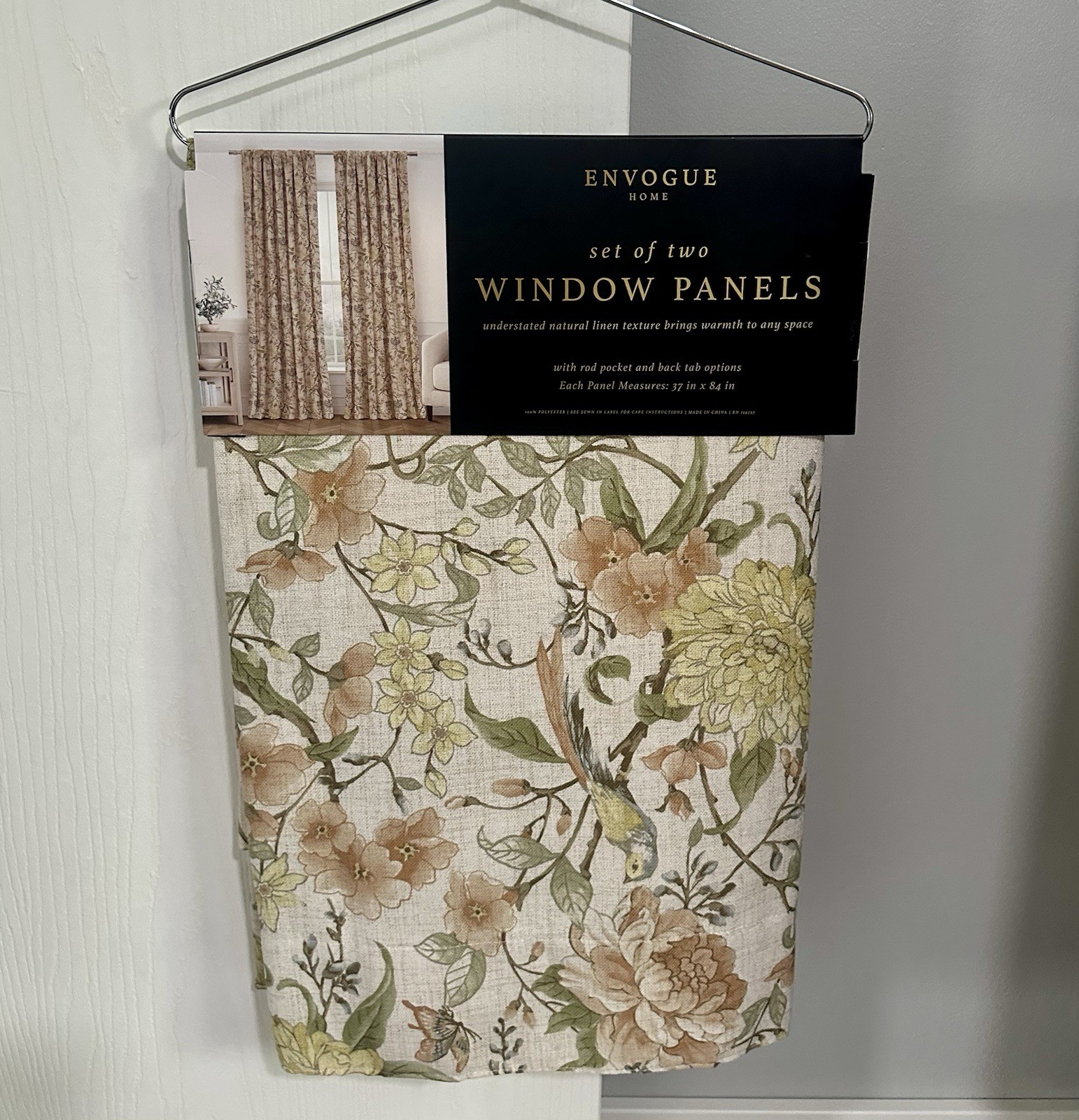 2 ENVOGUE Window Curtains 2 Panels Beige 37” x 84” Each Flowers Birds Floral NWT