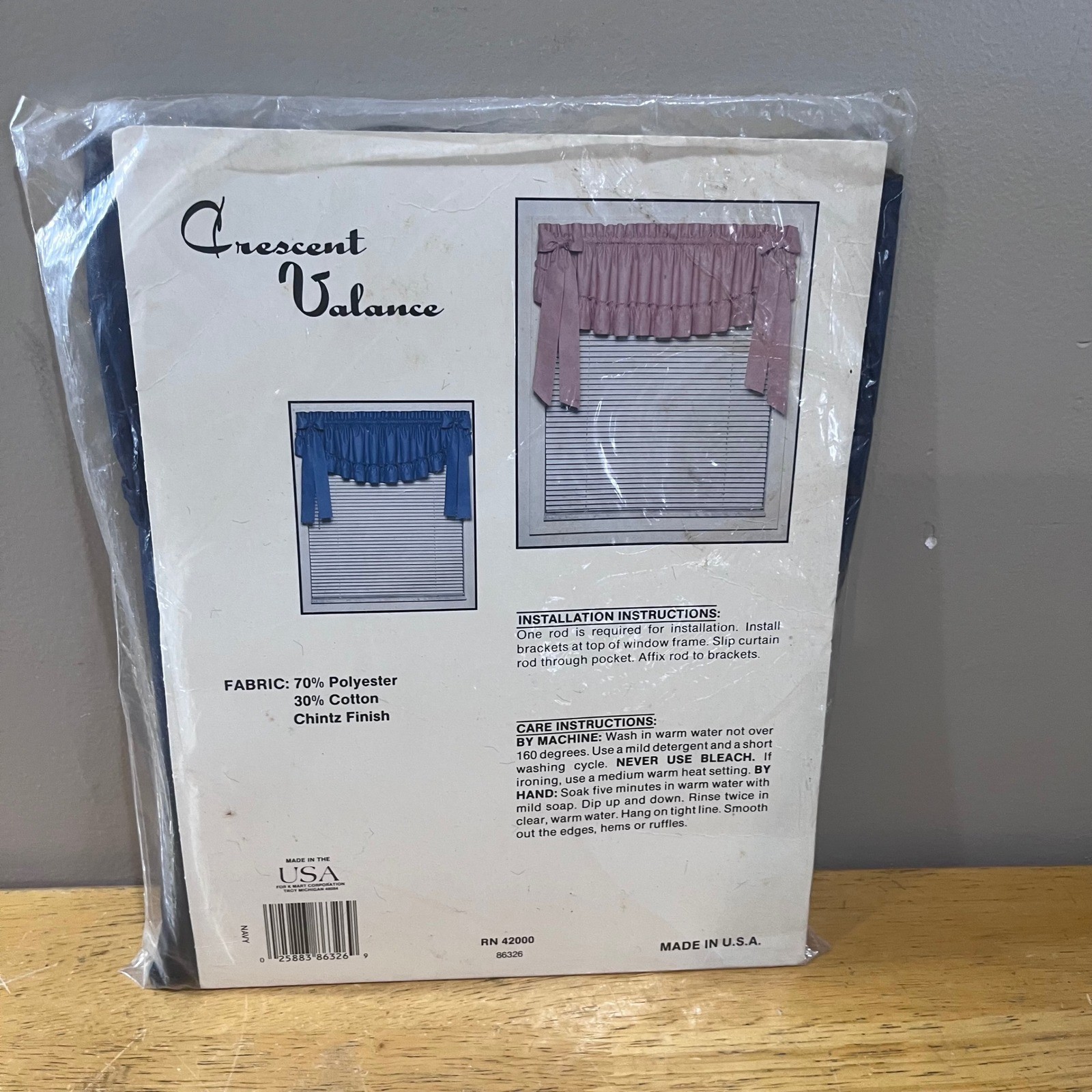 Vtg Crescent Valance Navy Blue Chintz Finish Ruffled Window Treatment 80×17 USA
