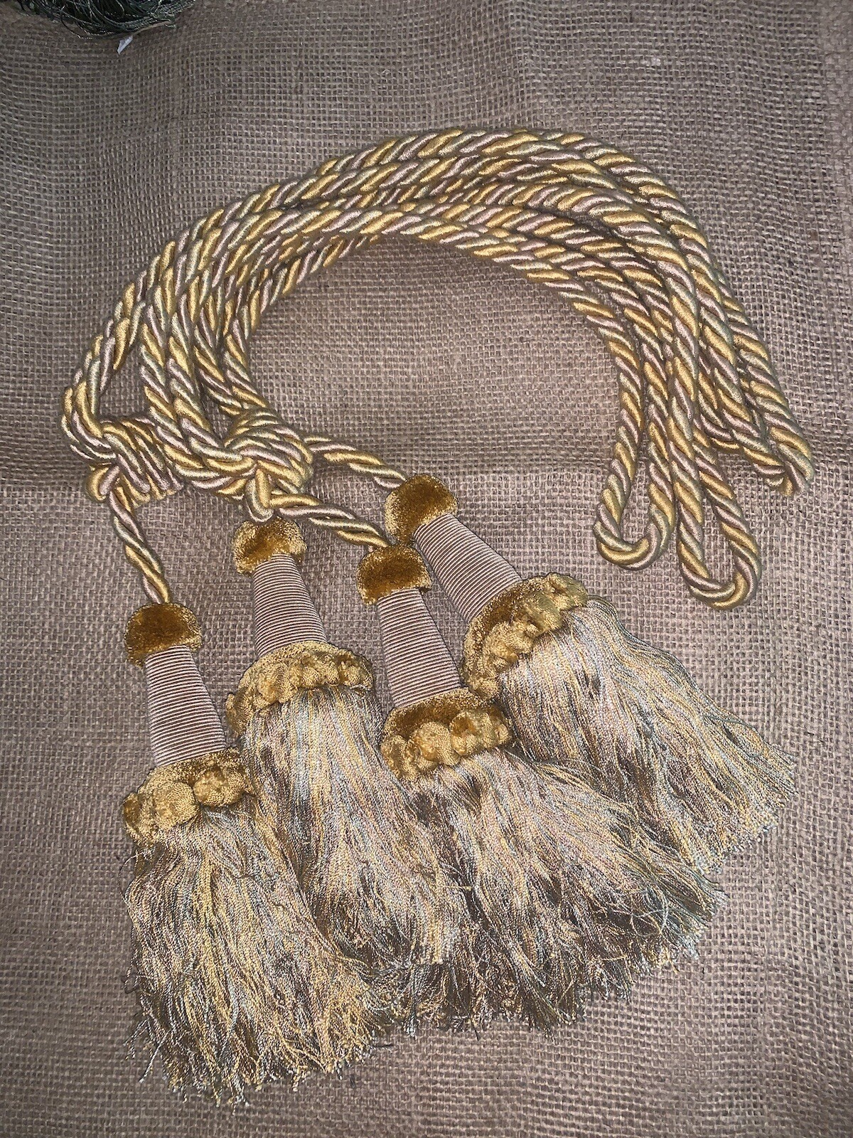Set/2 Curtain Tie Backs Gold Blue Tan Tassels 27.5”L Wdetail Loop cord 7.5”L W/o