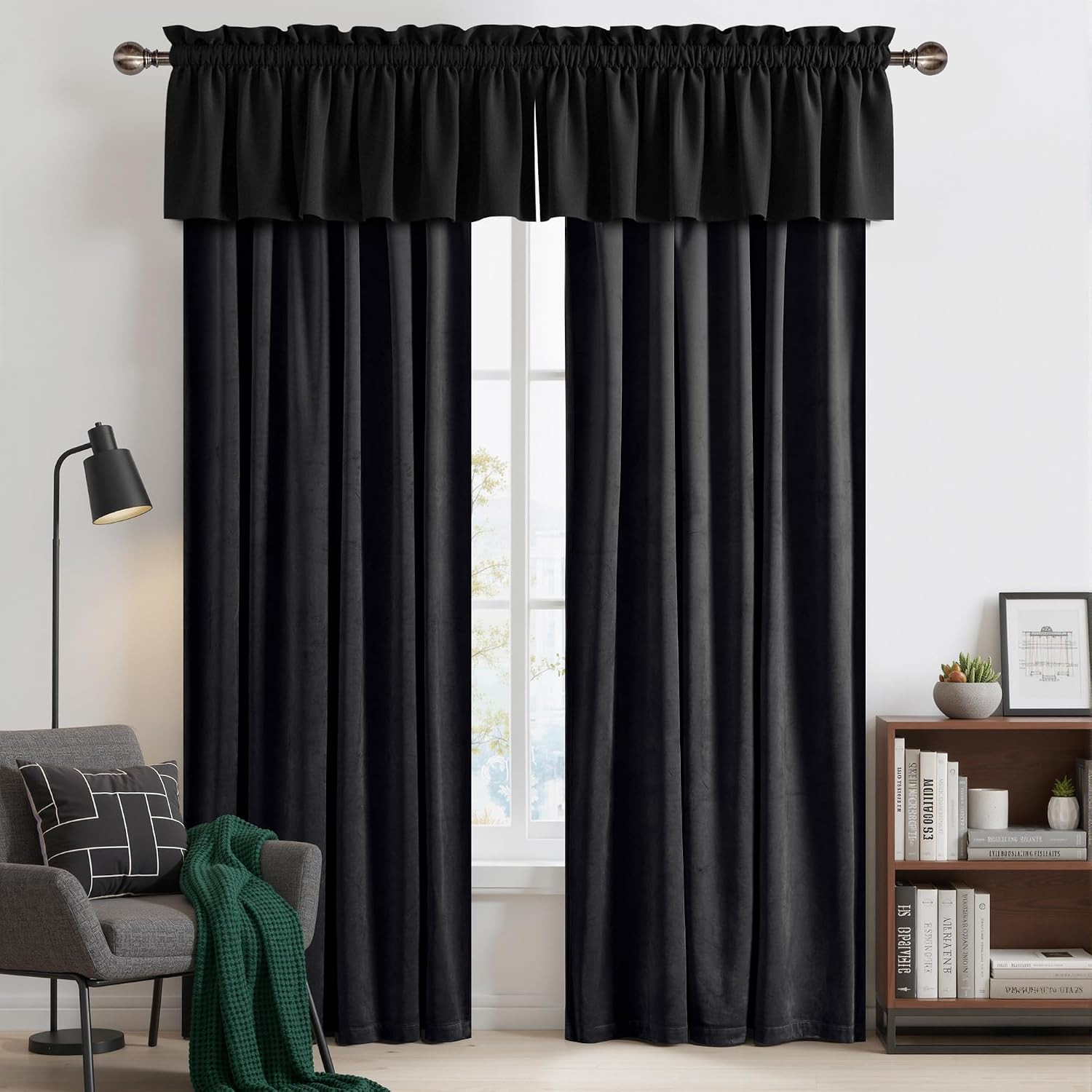 Black Velvet Valance Curtains for Windows 18 Inch Length, Kitchen Window Treatme