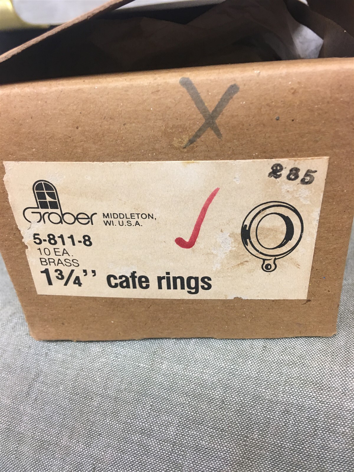 Graber Brass Colored 1- 3/4” Cafe Rings NOS 10 ct. Box 5-811-8 Curtain Rings