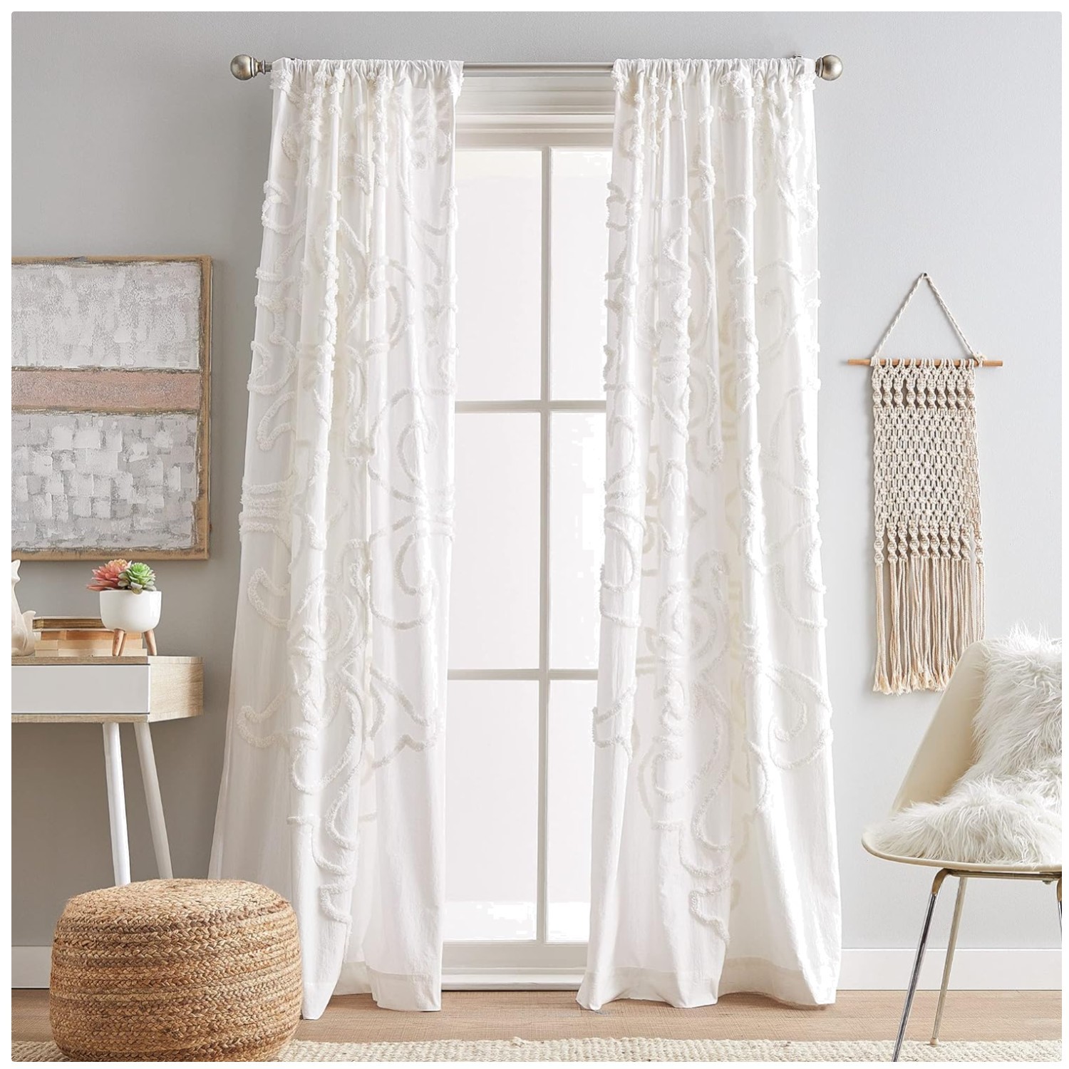 Boho Chic Winter White Curtain Panels, 108″, Chenille Cotton