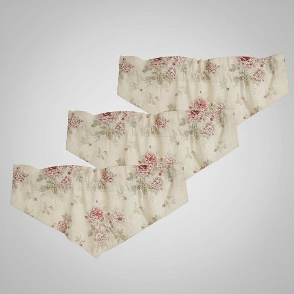 WAVERLY Ascot Valances Ivory with Pink Roses Cottagecore Antique SET OF 3 Vtg