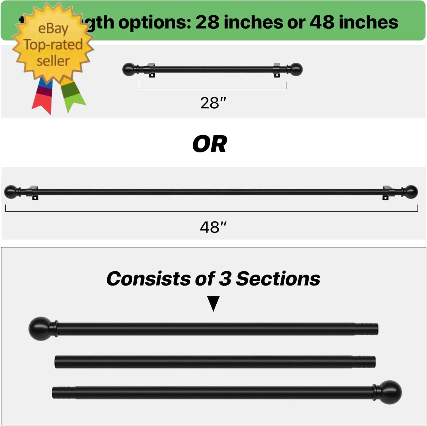 Curtain Rods for Windows 28 to 48 Inch, 5/8 Inch Black Curtain Rod Set with Brac