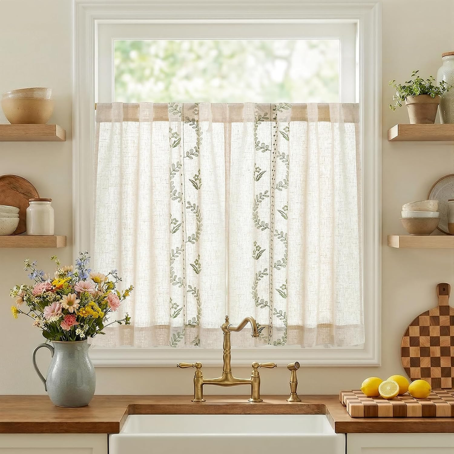 Jinchan Ivory Floral Linen Kitchen Tier Curtains 36 Inch Back Tab 2 Panels | Emb