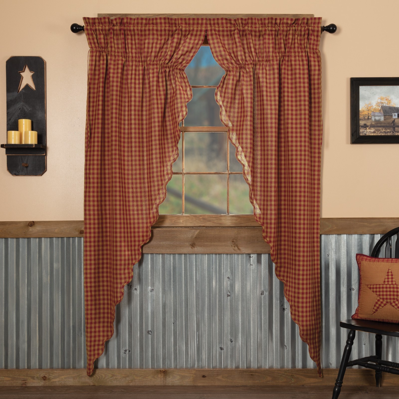 Burgundy Tan Check Scalloped Lined Country Gathered Long Prairie Curtains