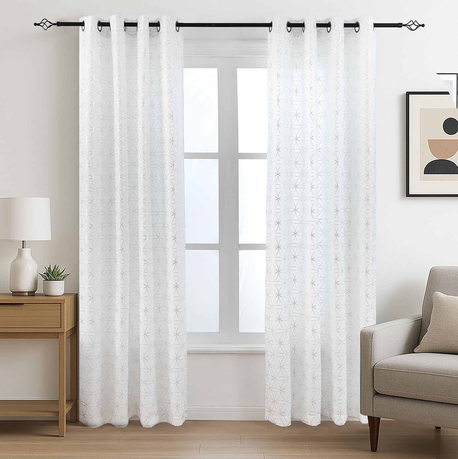 Exclusive Silver Linen Grommet Curtains, Unique Metallic Moroccan Tile Foil Prin