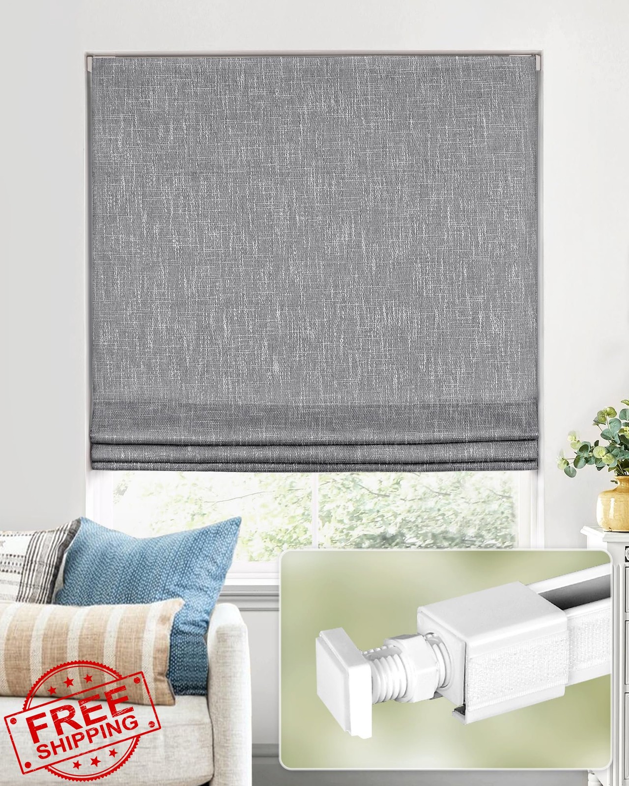 Charcoal Cordless Blackout Roman Shade 40″W x 64″H No Drill