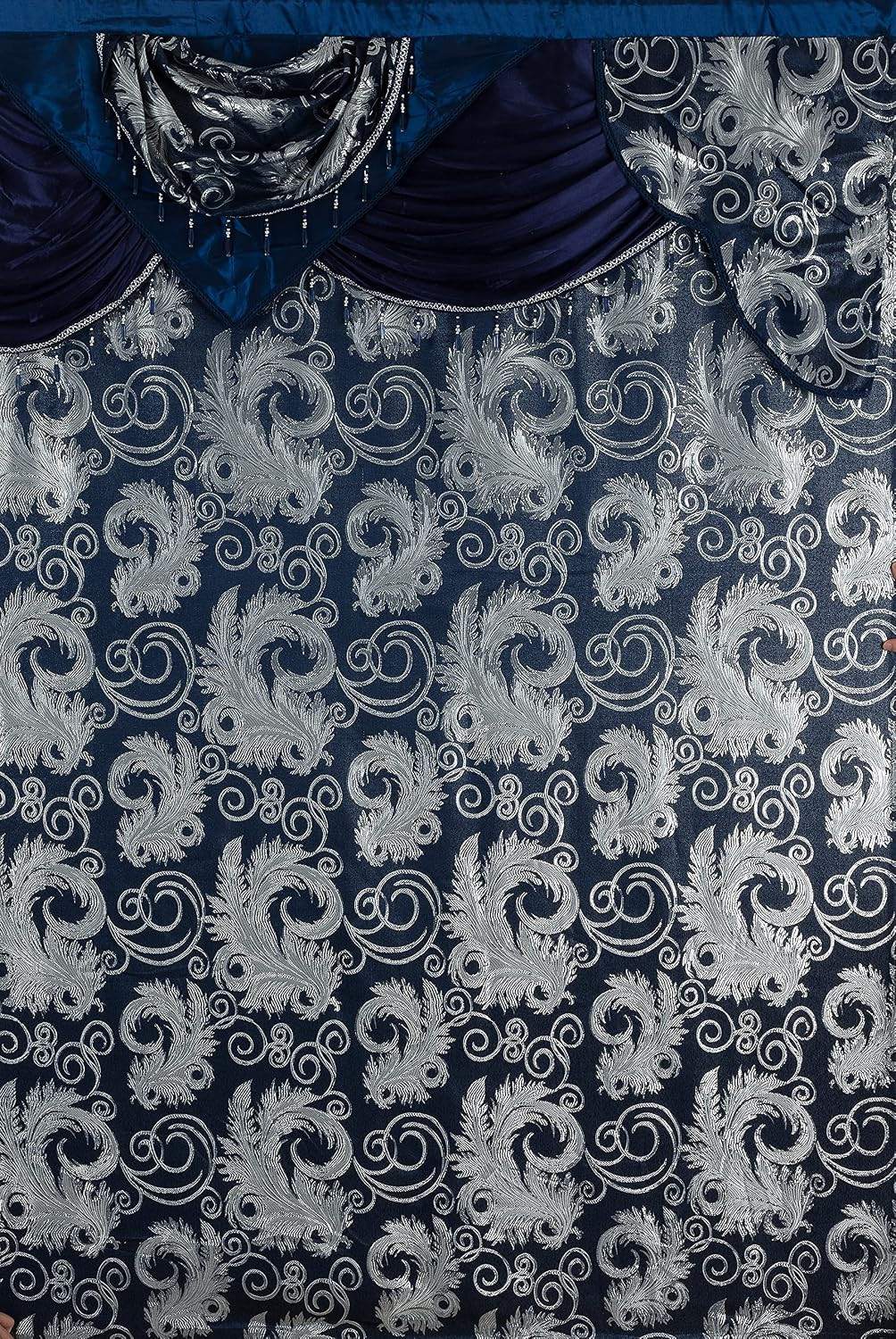 Jacquard Luxury Window 2 Panel Set Navy Curtain with Attached Valance and Backin