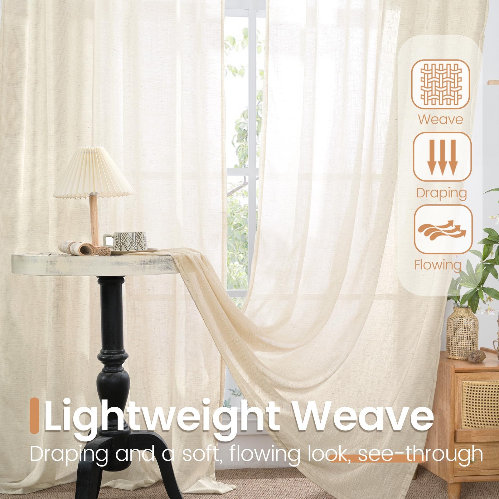 Linen Curtains 36 Inch Length for Kitchen 30″W x 36″L (Pack of 2) Light Beige