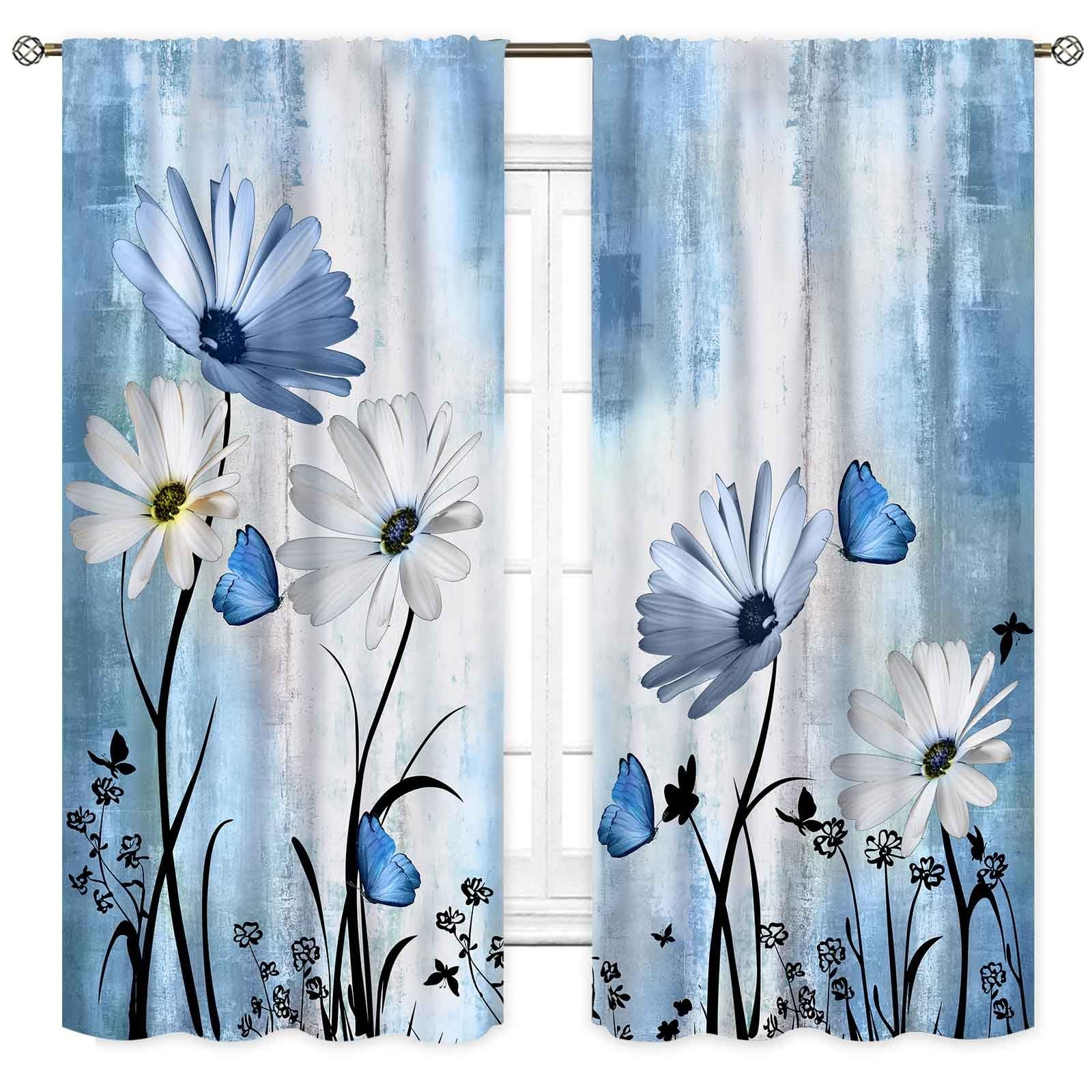 Blue White Daisy Curtains, Farmhouse Modern Flower Floral Spring Butterfly Ru…