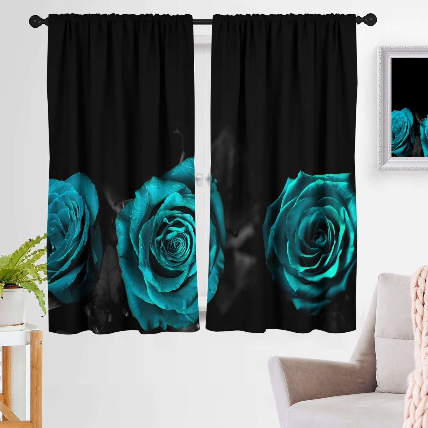 Teal Floral Window Curtains Turquoise Aqua Black Flowers Rose Women Romantic Got