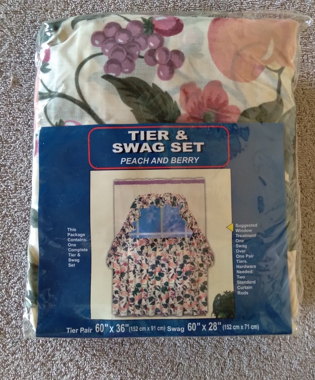 Peach & Berry Tier & Swag Curtain Set Floral Grapes Peachs Strawberries Kitchen
