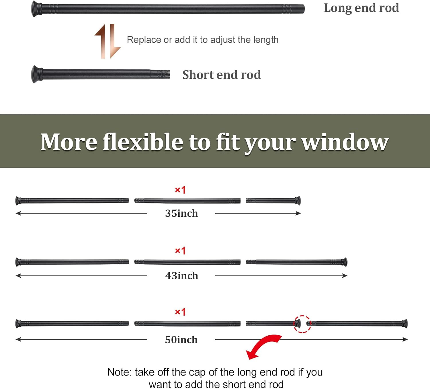 5/8” Curtain Rod Set Adjustable 28–48” Heavy Duty Matte Black Window Rod