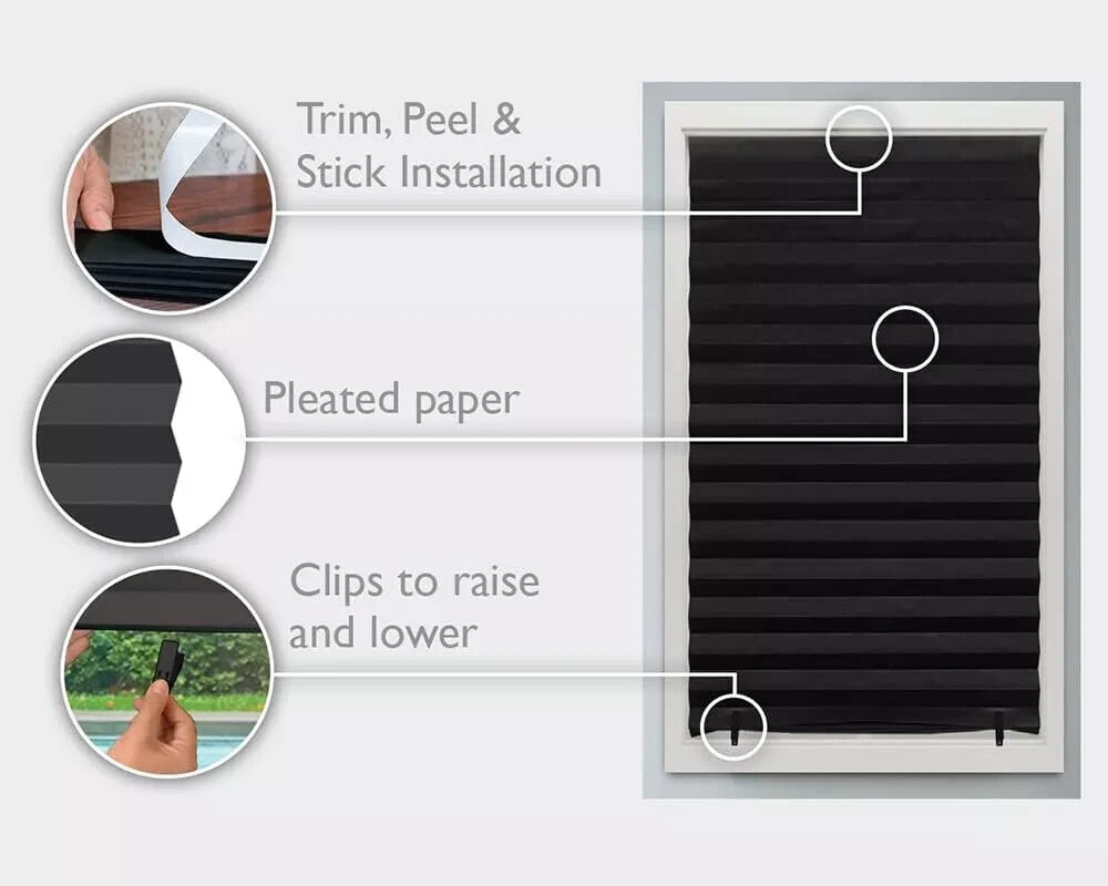 Pleated Fabric Shades, Temporary Window Blinds, No Drilling Self Adhesive Blind*