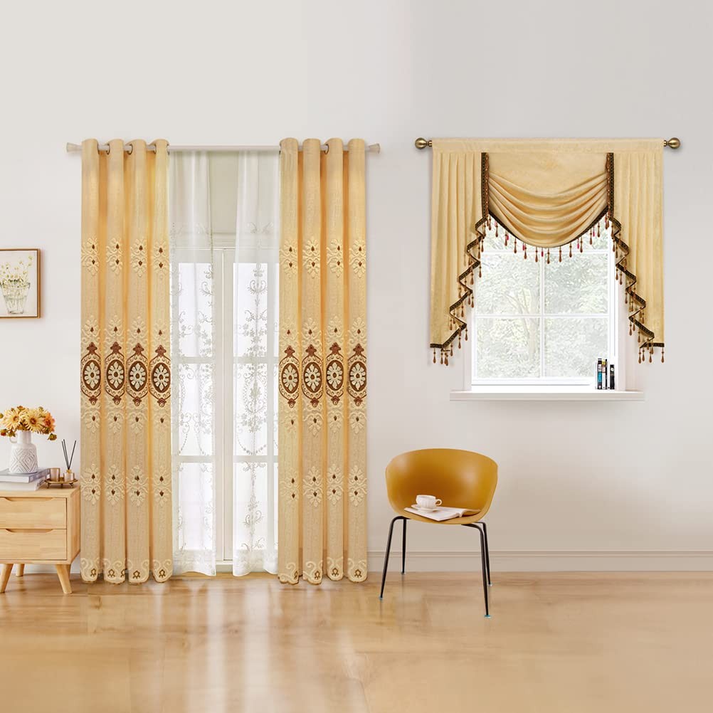 Elkca Jacquard Waterfall Valance Luxury Beads Beige Window Curtains Valance For