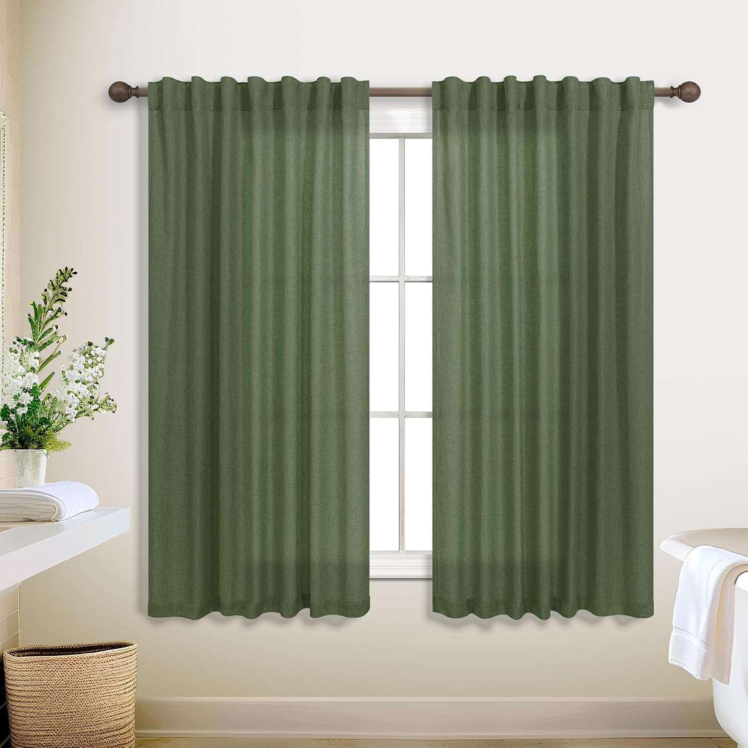 Olive Green 45Inch Short Curtains Back Tab Rod Pocket Kitchen Set, 2 Panels