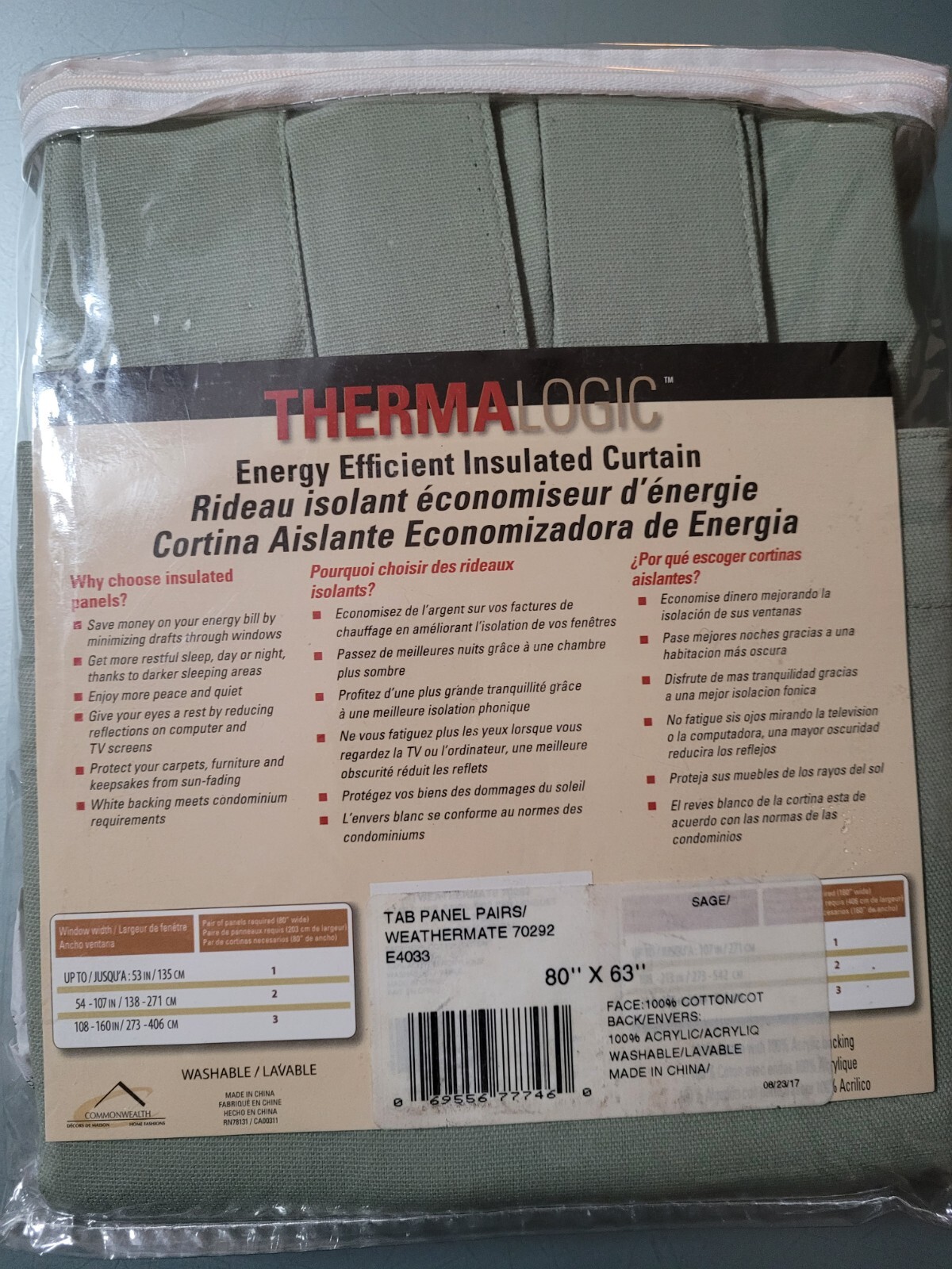 NWT Thermalogic Cotton ENERGY-EFFICIENT Insulated Curtains 80″x63″ Panel SAGE