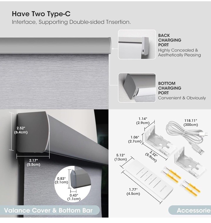 New Canisteo Smart Motorized blinds With Remote 100% Blackout, Grey, 20”W X 72″H