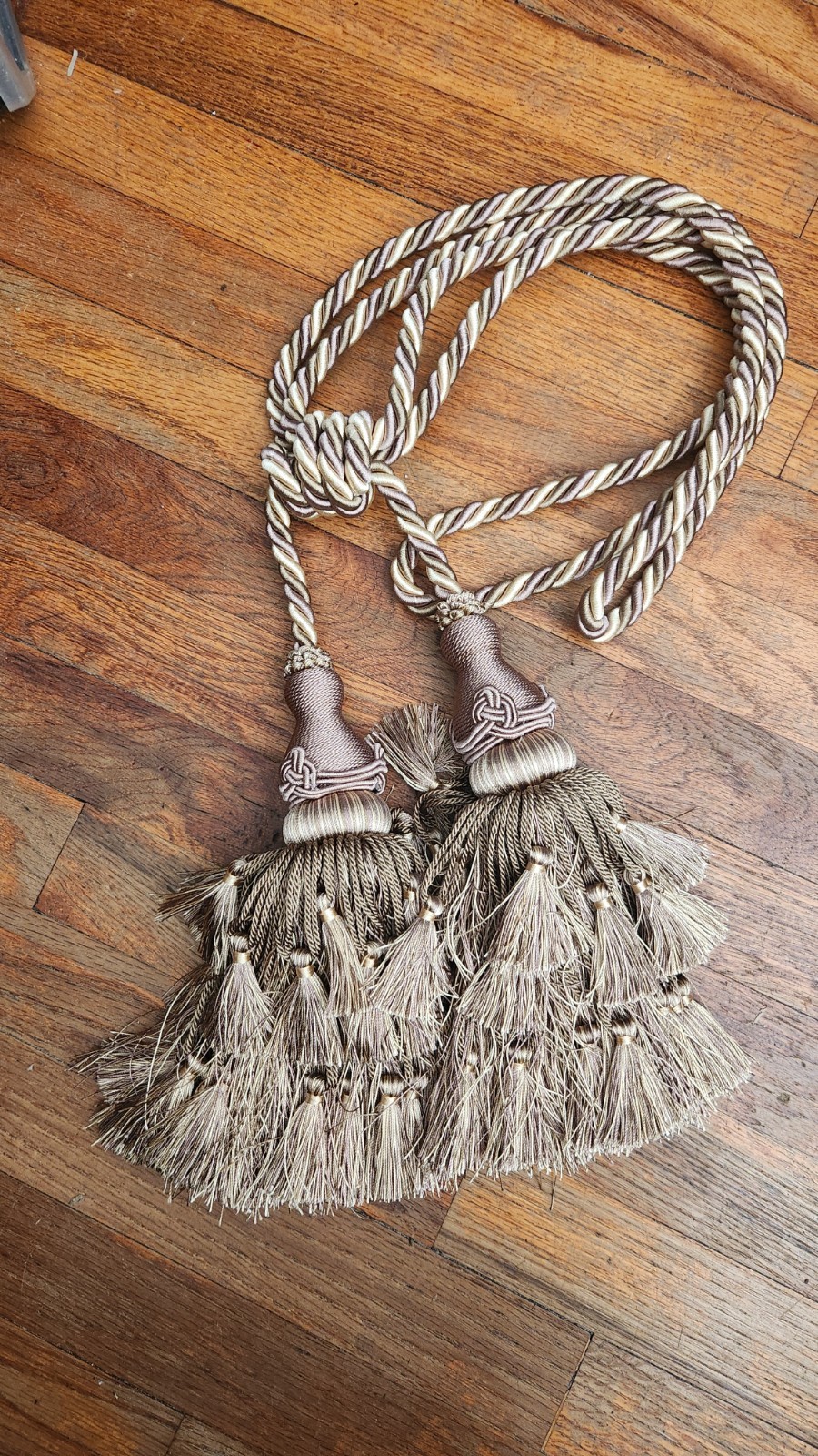 Double Large Tassel w/ Little Tassels Curtain Drapery Tieback Sea Mist Gold NICE
