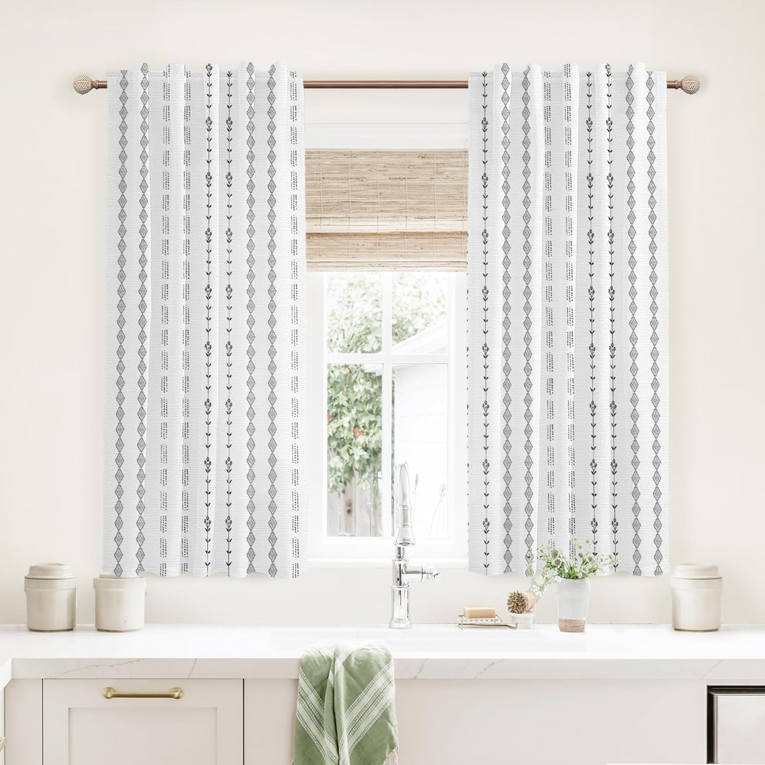 Bathroom Curtains Window,Black and White Boho Decorative Privacy Sheer Short Cur