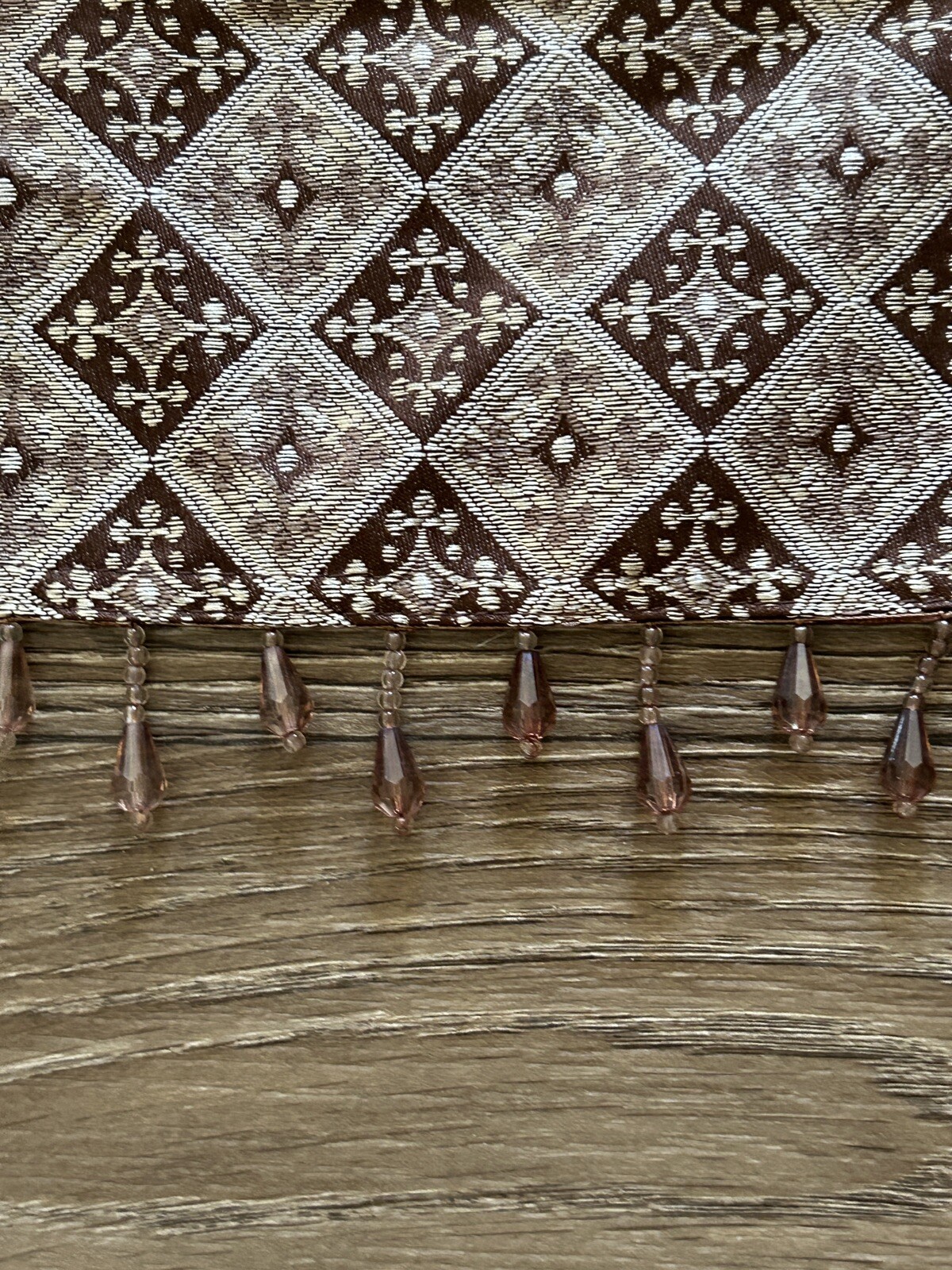 6 Vintage Window Valances Beaded Tassels Rod Pocket Tan shades of Diamonds