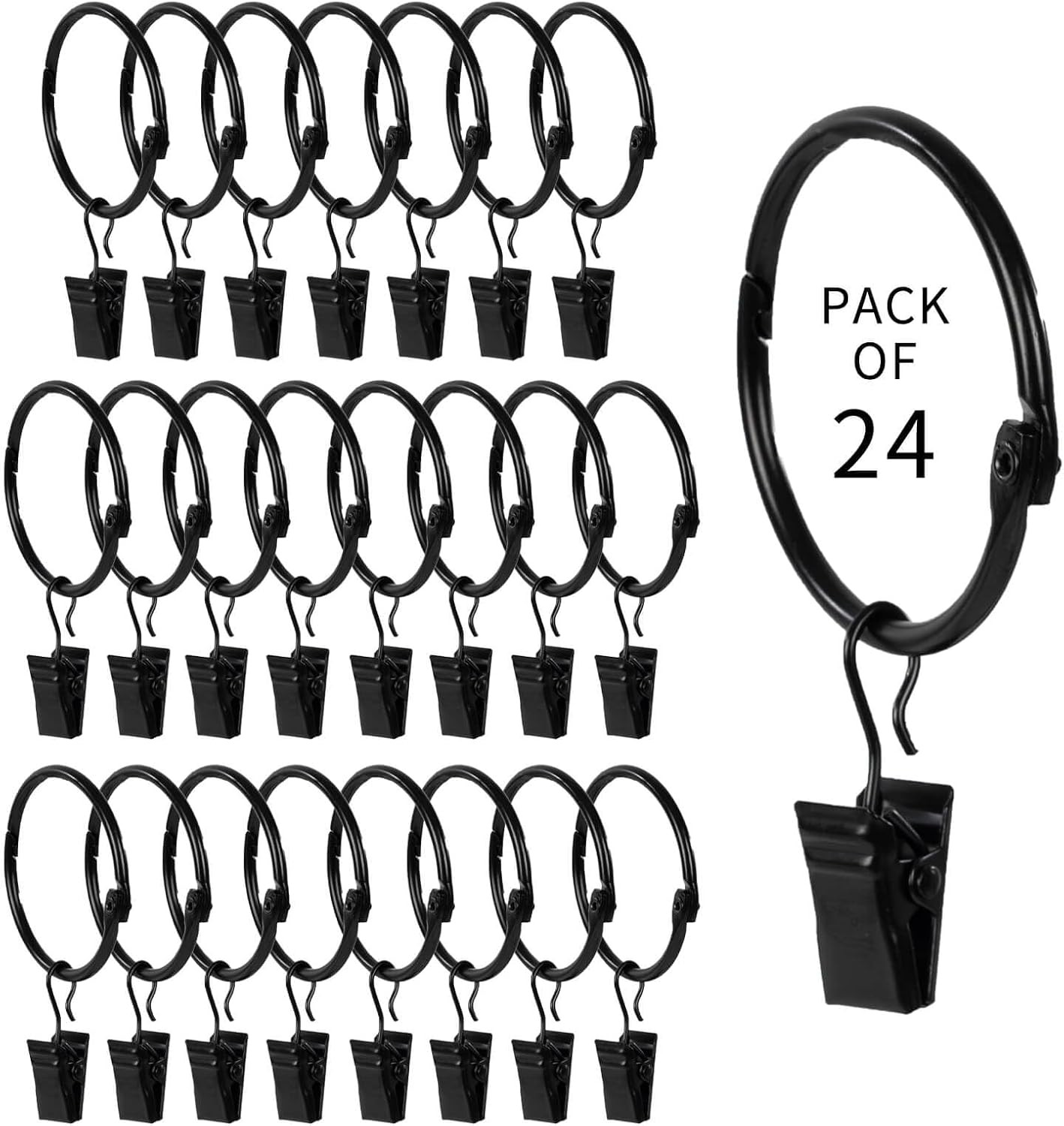 Openable Curtain Rings with Clips,1Inch Inner Diameter,Heavy Duty Rustproof Meta