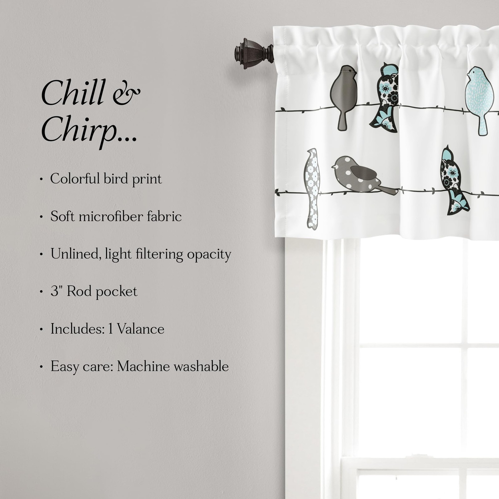 Light Filtering Bird Valance Curtain 52″ W x 18″ L – Blue Gray Floral Decor