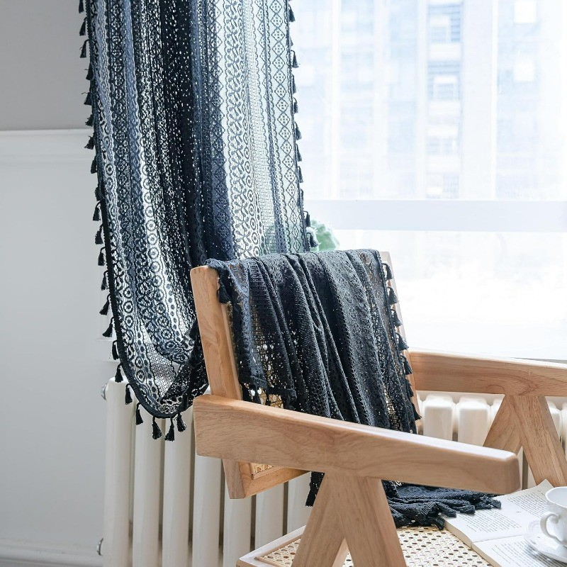 Black Boho Curtain Vintage Sheer Crochet Lace Handmade Tassels Knitted Window