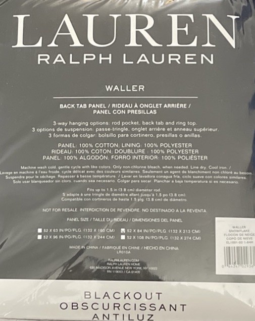 Lauren Ralph Lauren Waller Snowflake PO8121 White Blackout Curtain Panel 52”X84”