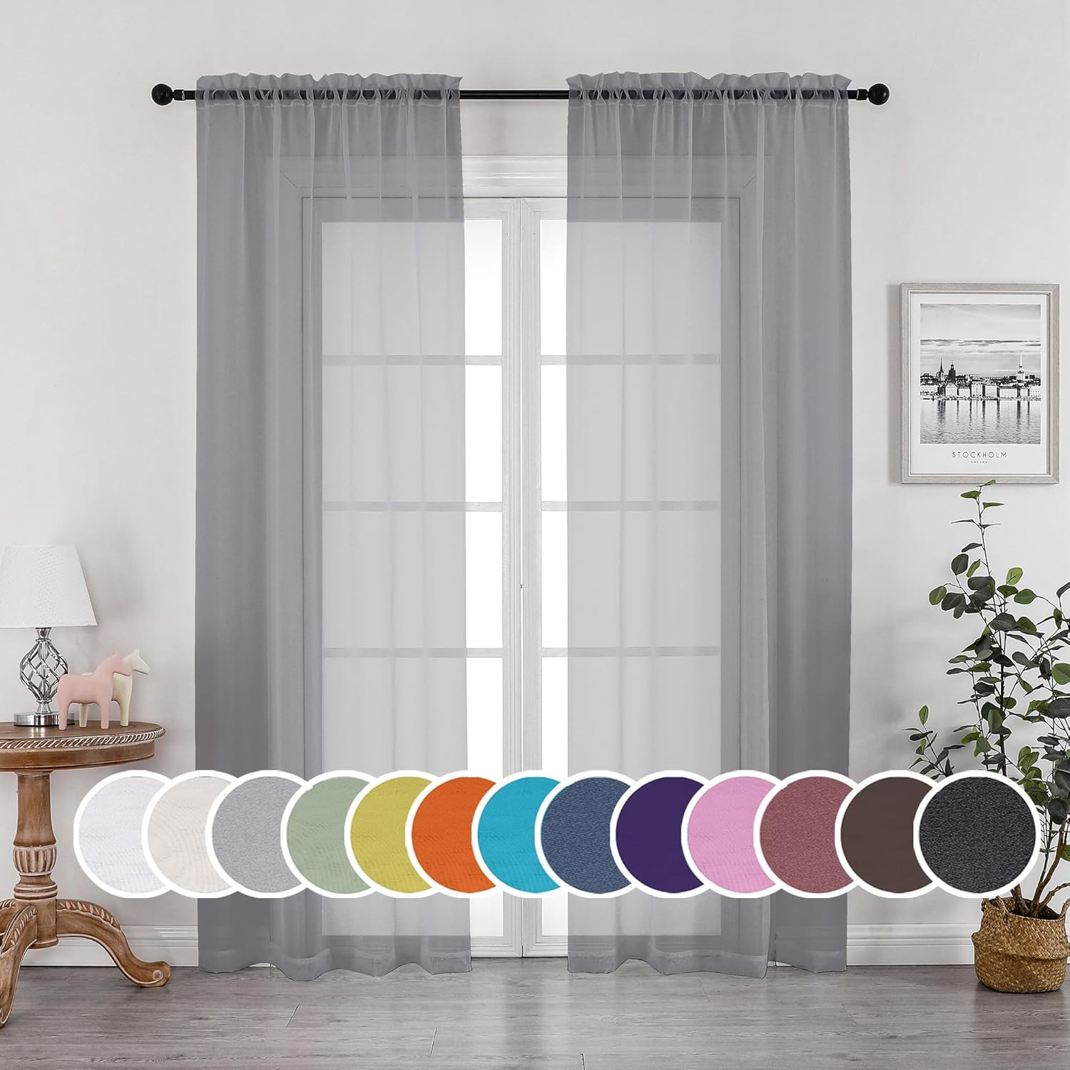 Grey Sheer Curtains, Sheer Curtains 84 Inches Long 2 Panels Set, Rod Pocket Voil