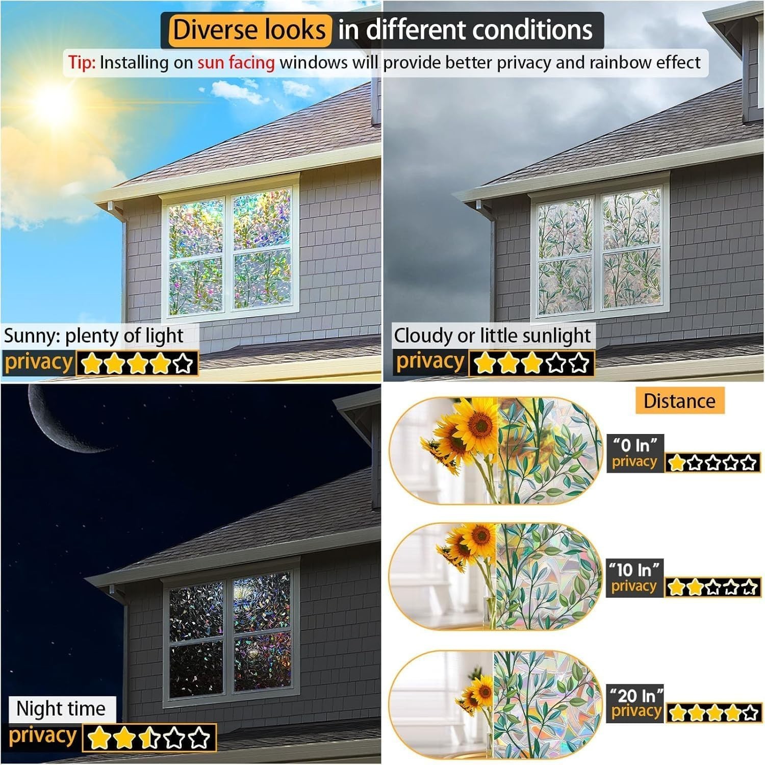 Enchanting Rainbow Privacy Window Film – 3D Stained Glass Effect, 17.5″ x 78.74″