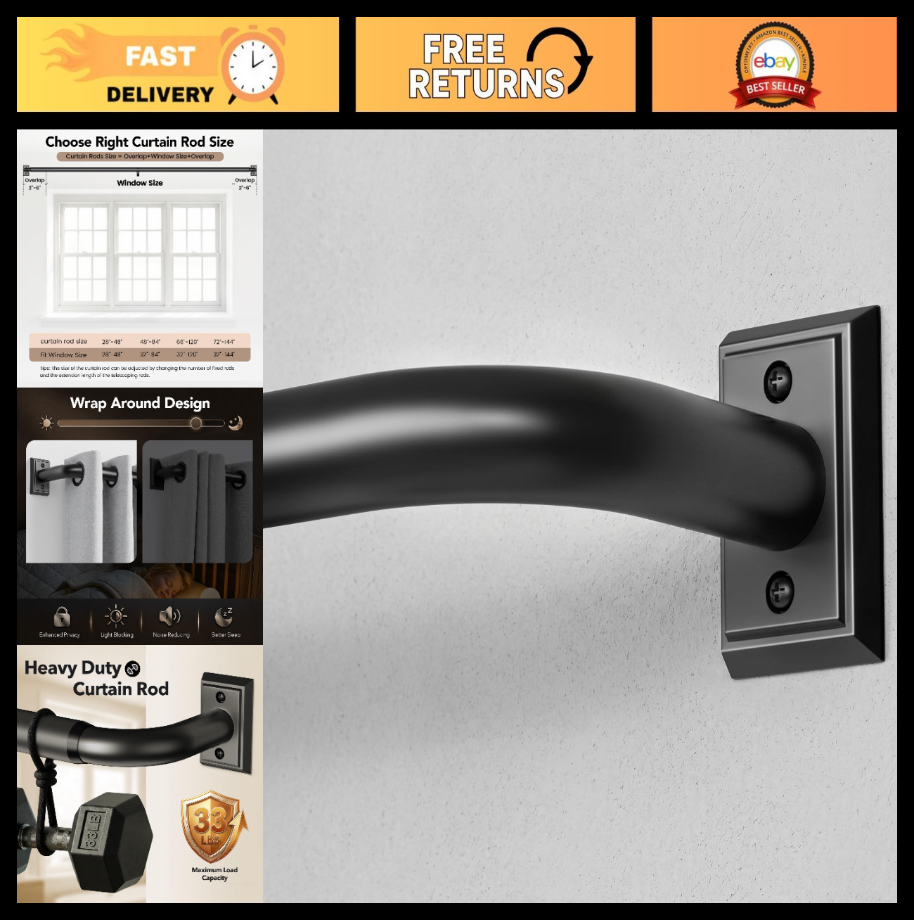 Adjustable Black Wrap Around Curtain Rods 48-84 Inch, 1″ Heavy Duty, Modern Wind
