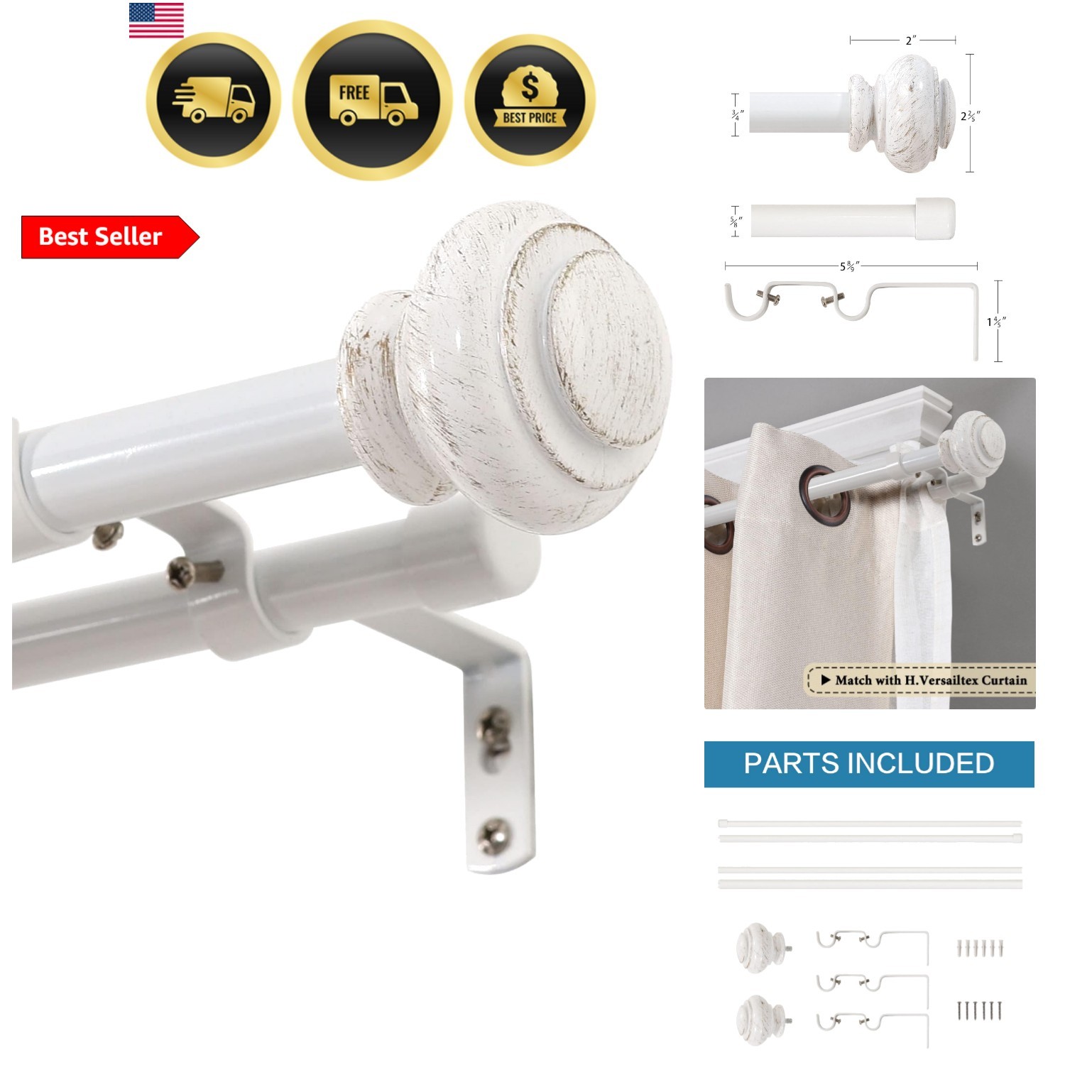 Elegant Window Treatment Telescoping Double Curtain Rod Set with Classic Cap,…